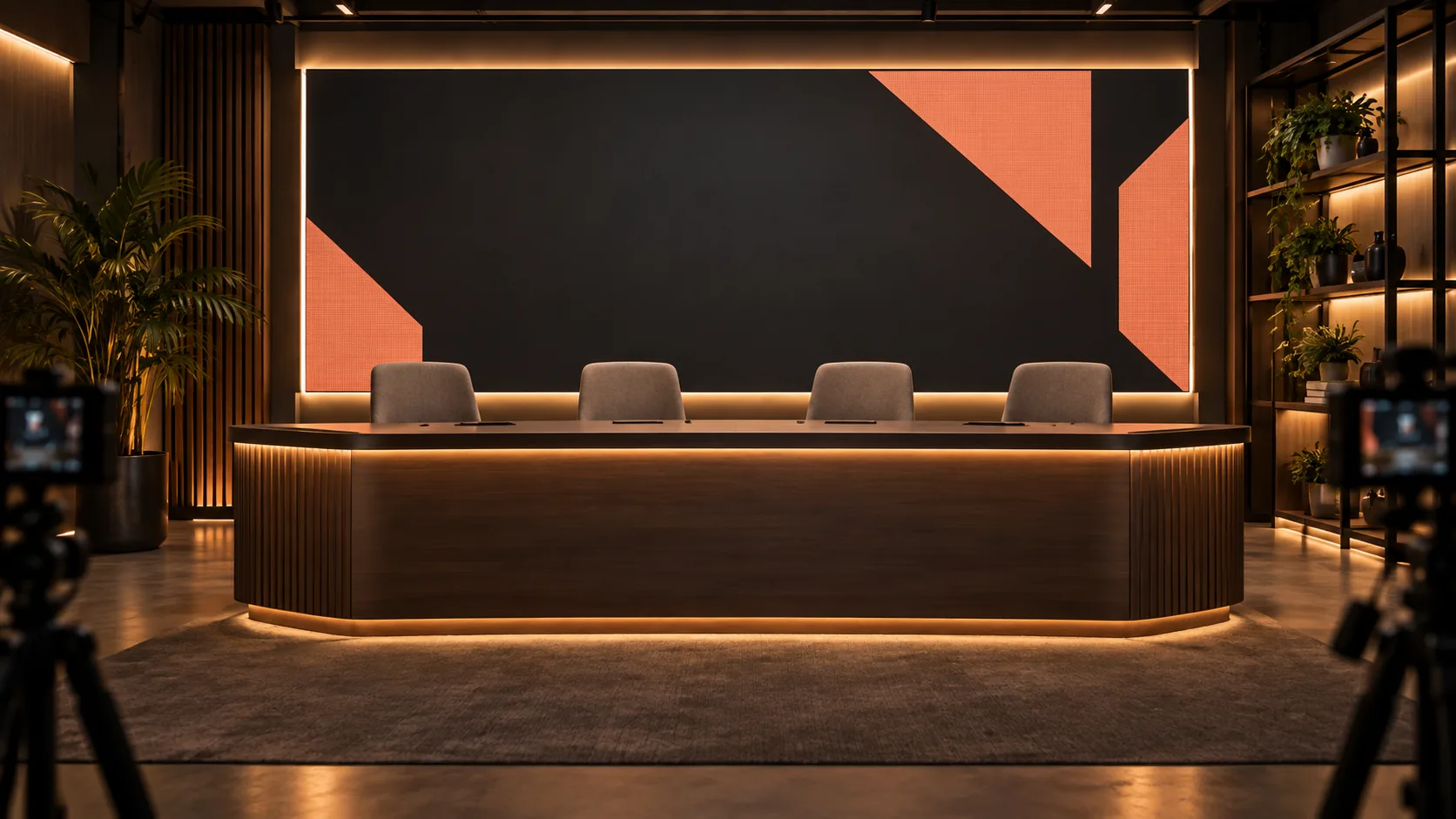 Visualização conceitual de bancada para programas diante de painel de LED